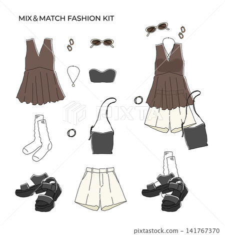 Dress-up fashion kit: Illustration of a casual adult outfit featuring a sheer peplum blouse and shorts. Dress-up fashion kit: Illustration of a casual adult outfit featuring a sheer peplum blouse and shorts. 141767370
