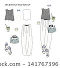 Dress-up fashion kit: Adult casual outfit illustration featuring mesh knit and balloon pants. 141767396