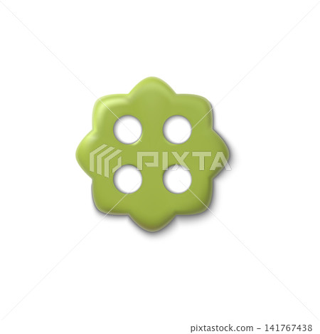 3D green sewing button vector icon, realistic plastic button with four holes and wavy edge, haberdashery element 141767438