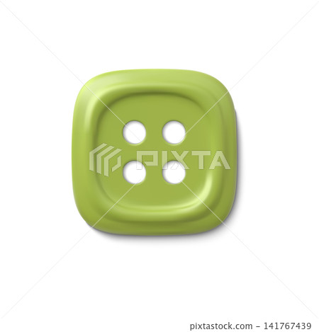 3D sewing button vector icon, realistic rounded square shape green color plastic button with four holes 3D sewing button vector icon, realistic rounded square shape green color plastic button with four holes 141767439