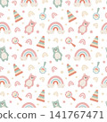 Seamless pattern with cute teddy bears, baby toy, a rainbow. Colorful wallpaper for a children bedroom, baby shower, newborn products, nursery decor for kids. Decorative design with soft pastel color 141767471