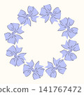 Circular wreath made of blue ribbon bows. Decorative frame element for holiday greeting card and festive invitation. Creative design component with copy space for gift announcement. 141767472