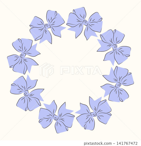 Circular wreath made of blue ribbon bows. Decorative frame element for holiday greeting card and festive invitation. Creative design component with copy space for gift announcement. Circular wreath made of blue ribbon bows. Decorative frame element for holiday greeting card and festive invitation. Creative design component with copy space for gift announcement. 141767472