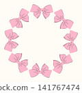 Round wreath of hand-drawn delicate pink bows. Vector illustration of a feminine decorative Circular frame. Romantic Design template for girls. 141767474