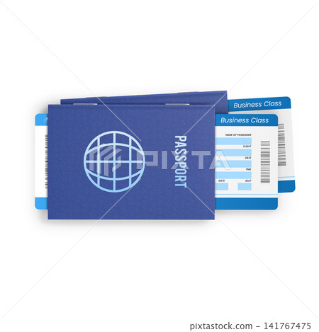 Two foreign blue passports with blank airline ticket forms with barcodes inside. Two foreign blue passports with blank airline ticket forms with barcodes inside. 141767475