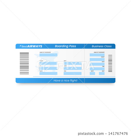 Airplane ticket, realistic boarding pass ticket blue and white template, Best Airways flight seat coupon business class Airplane ticket, realistic boarding pass ticket blue and white template, Best Airways flight seat coupon business class 141767476