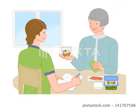 一位老年婦女正在接受醫護人員關於飲食習慣的諮詢。 141767586