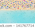 Aerial drone view of people relaxing on a white sand beach under colorful umbrellas. Aerial drone view of people relaxing on a white sand beach under colorful umbrellas. 141767714