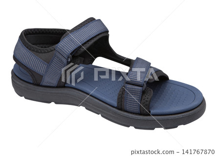 Men's navy blue and black sport sandals isolated on white background. Casual outdoor hiking strappy shoes with velcro, high angle view. Men's navy blue and black sport sandals isolated on white background. Casual outdoor hiking strappy shoes with velcro, high angle view. 141767870