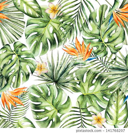 Monstera and palm leaf seamless pattern, strelitzia, frangipani. Watercolor hand drawn isolated botanical illustration on transparent background. Perfect for tropical design projects. For invitations, Monstera and palm leaf seamless pattern, strelitzia, frangipani. Watercolor hand drawn isolated botanical illustration on transparent background. Perfect for tropical design projects. For invitations, 141768207