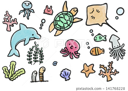 Hand-drawn sea creature set: Cute watercolor-style illustrations of marine life. Hand-drawn sea creature set: Cute watercolor-style illustrations of marine life. 141768228
