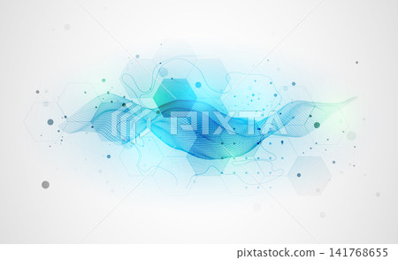 Abstract technology background with blue wireframe wave and hexagons. Vector Abstract technology background with blue wireframe wave and hexagons. Vector 141768655