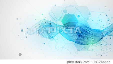 Abstract technology background with blue wireframe wave and hexagons. Vector Abstract technology background with blue wireframe wave and hexagons. Vector 141768656