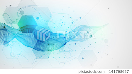 Abstract technology background with blue wireframe wave and hexagons. Vector Abstract technology background with blue wireframe wave and hexagons. Vector 141768657