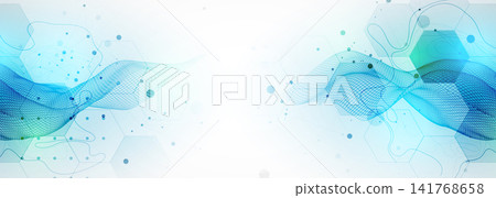 Abstract technology background with blue wireframe wave and hexagons. Vector Abstract technology background with blue wireframe wave and hexagons. Vector 141768658