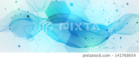 Abstract technology background with blue wireframe wave and hexagons. Vector Abstract technology background with blue wireframe wave and hexagons. Vector 141768659