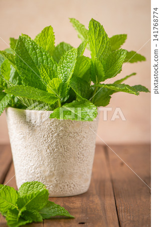 Fresh green mint leaves in ceramic pot wooden table Fresh green mint leaves in ceramic pot wooden table 141768774
