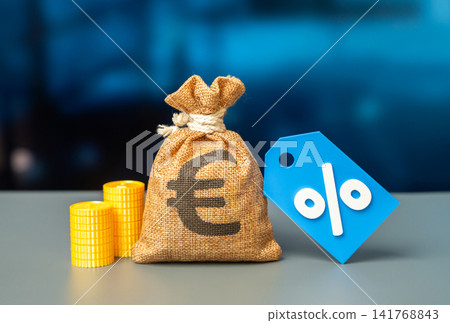 The euro money bag and a discount tag. Inflation. Cashback and loyalty bonuses. Interest on loans and borrowings. Deposit yield, interest rate. The euro money bag and a discount tag. Inflation. Cashback and loyalty bonuses. Interest on loans and borrowings. Deposit yield, interest rate. 141768843
