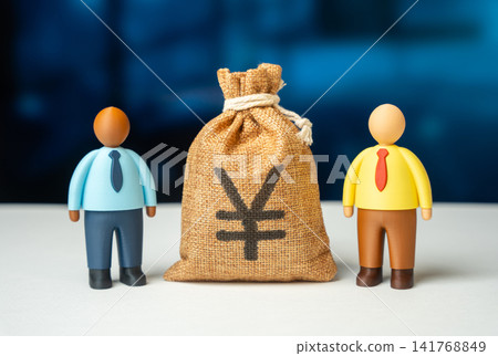 Two businessmen and a Yen or Yuan money bag. Concluding a contract. Business partnership, joint project, and investment. Deal and transaction. Two businessmen and a Yen or Yuan money bag. Concluding a contract. Business partnership, joint project, and investment. Deal and transaction. 141768849