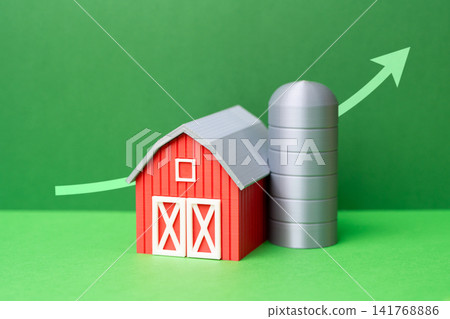 Farmer's barn and growth arrow. Improving agricultural business, increasing yields, profits, and efficiency. Improving the environment. Growth of the agricultural sector. Farmer's barn and growth arrow. Improving agricultural business, increasing yields, profits, and efficiency. Improving the environment. Growth of the agricultural sector. 141768886