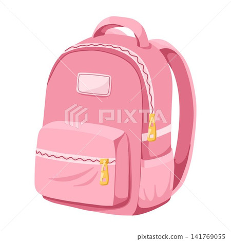 Backpack cartoon hand drawn vector illustration in soft pink colors with zipper pockets. Cute school bag design perfect for education stickers, classroom posters, stationery and kids branding Backpack cartoon hand drawn vector illustration in soft pink colors with zipper pockets. Cute school bag design perfect for education stickers, classroom posters, stationery and kids branding 141769055