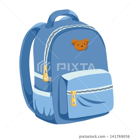 Backpack cartoon hand drawn vector illustration in blue with teddy bear detail and zipper pockets. Cute school accessory perfect for education posters, classroom decor and stationery branding Backpack cartoon hand drawn vector illustration in blue with teddy bear detail and zipper pockets. Cute school accessory perfect for education posters, classroom decor and stationery branding 141769056