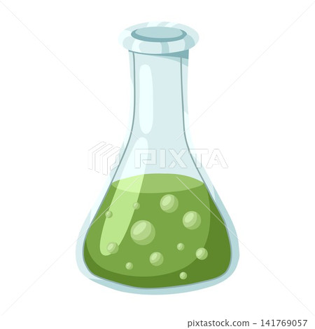 Laboratory flask cartoon hand drawn vector illustration with green bubbling liquid. Cute science education beaker symbol perfect for chemistry lessons, school posters and STEM branding Laboratory flask cartoon hand drawn vector illustration with green bubbling liquid. Cute science education beaker symbol perfect for chemistry lessons, school posters and STEM branding 141769057