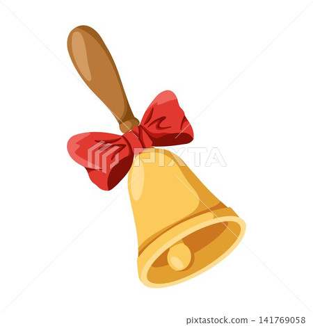 School bell cartoon hand drawn vector illustration with red ribbon and golden metal design. Classic education symbol perfect for classroom decor, teacher materials and school branding School bell cartoon hand drawn vector illustration with red ribbon and golden metal design. Classic education symbol perfect for classroom decor, teacher materials and school branding 141769058