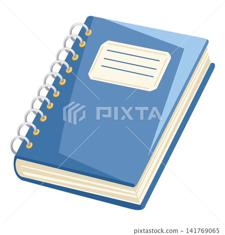 Notebook cartoon hand drawn vector illustration with blue spiral binding and label sticker. Cute school stationery design perfect for classroom decor, study planners and education branding 141769065