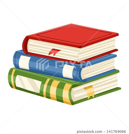 Books cartoon hand drawn vector illustration with colorful stacked textbooks and bookmarks. Education and reading concept perfect for school posters, library decor and study design 141769066