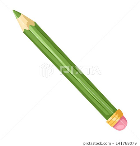 Green colored pencil cartoon hand drawn vector illustration with wooden tip and eraser. School drawing supply perfect for classroom posters, art lessons and study branding Green colored pencil cartoon hand drawn vector illustration with wooden tip and eraser. School drawing supply perfect for classroom posters, art lessons and study branding 141769079