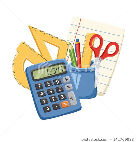 School supplies composition with calculator, rulers, scissors, pencils and notebook paper. Educational vector illustration for mathematics, classroom and study design. School supplies composition with calculator, rulers, scissors, pencils and notebook paper. Educational vector illustration for mathematics, classroom and study design. 141769088