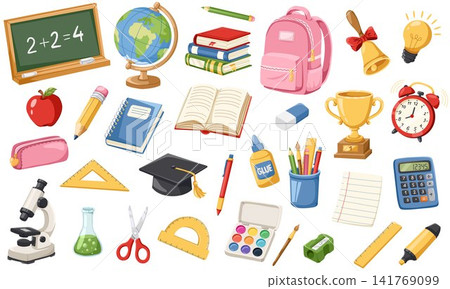 Set of school supplies and education objects with books, globe, backpack, microscope, ruler, pencil, stationery. Cartoon hand drawn vector illustrations for classroom, stickers, study, academic design 141769099