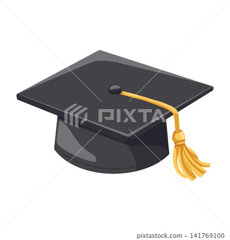 Graduation cap cartoon hand drawn vector illustration with golden tassel. Academic education symbol perfect for school celebration, university design and diploma concepts 141769100