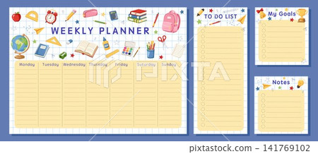 Weekly planner set with to do list, goals and notes templates. School supplies and stationery on notebook paper background. Education organizer for students, teachers. Vector hand drawn illustration Weekly planner set with to do list, goals and notes templates. School supplies and stationery on notebook paper background. Education organizer for students, teachers. Vector hand drawn illustration 141769102