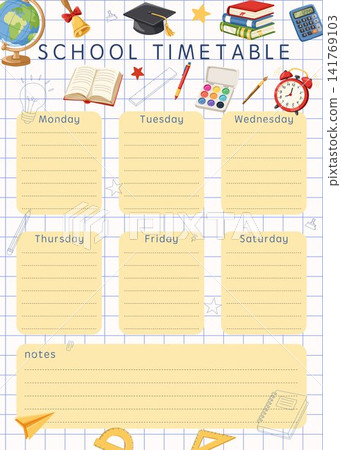 Back to school weekly timetable with notes. Doodle supplies, stationery on checkered notebook paper. Vector hand drawn vertical cartoon illustration. Education organizer for students, teachers. 141769103
