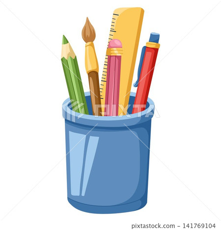 Cup with school supplies cartoon hand drawn vector illustration including pencils, ruler, pen and paintbrush. Education concept perfect for classroom posters and study design Cup with school supplies cartoon hand drawn vector illustration including pencils, ruler, pen and paintbrush. Education concept perfect for classroom posters and study design 141769104