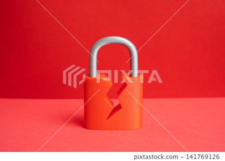 A damaged padlock. Concept of a security vulnerability. Cybersecurity. A damaged padlock. Concept of a security vulnerability. Cybersecurity. 141769126