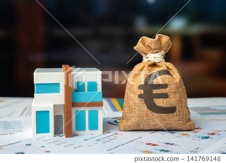 Modern house and euro money bag. Buying real estate. Construction and renovation. Home valuation. Modern house and euro money bag. Buying real estate. Construction and renovation. Home valuation. 141769148