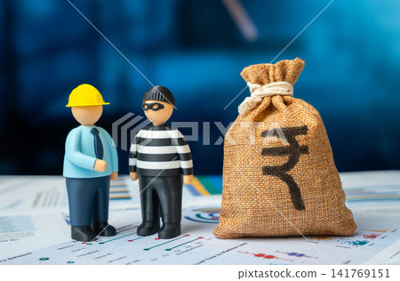 Construction engineer and criminal and indian rupee money bag. Bribery and bribery of a safety inspector. Money laundering. Corruption and bureaucracy. Illegal activity in the construction industry. Construction engineer and criminal and indian rupee money bag. Bribery and bribery of a safety inspector. Money laundering. Corruption and bureaucracy. Illegal activity in the construction industry. 141769151