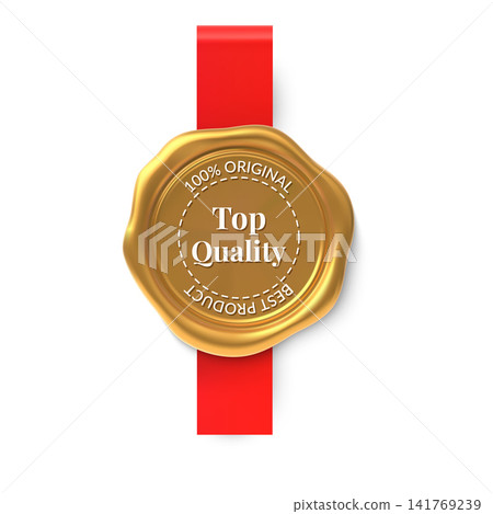 3D realistic wax seal Top quality, best product award, vector vintage golden round wax stamp with red ribbon 141769239