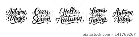 Set of autumn calligraphy quotes. Hand drawn lettering phrases about fall season. Black text isolated on white background. Typographic design element for seasonal greeting card. Set of autumn calligraphy quotes. Hand drawn lettering phrases about fall season. Black text isolated on white background. Typographic design element for seasonal greeting card. 141769267