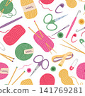 Knitting and crochet tools and supplies seamless pattern vector illustration. Colorful wool yarn balls, embroidery scissors, knitting needles, crochet hooks on white background. Handcraft repeat tile 141769281