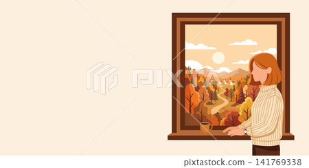 Woman looking through window at autumn landscape with golden forest and mountain village. Cozy home atmosphere with beverage. Peaceful season scenery, fall lifestyle and comfort illustration. Woman looking through window at autumn landscape with golden forest and mountain village. Cozy home atmosphere with beverage. Peaceful season scenery, fall lifestyle and comfort illustration. 141769338