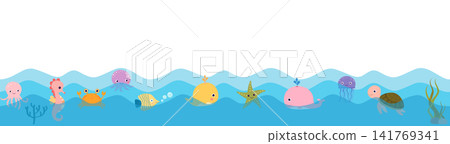Cute sea animals and waves vector border, colorful ocean creatures frame for baby shower invitations and summer birthday parties for kids Cute sea animals and waves vector border, colorful ocean creatures frame for baby shower invitations and summer birthday parties for kids 141769341