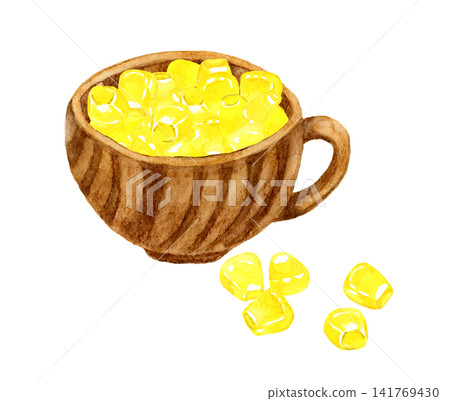 Corn kernels in a soup cup - Hand-drawn watercolor illustration. Corn kernels in a soup cup - Hand-drawn watercolor illustration. 141769430
