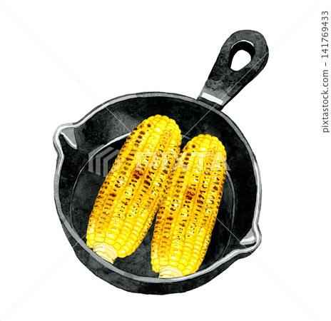 Grilled corn cooked in a skillet - Hand-drawn watercolor illustration material Grilled corn cooked in a skillet - Hand-drawn watercolor illustration material 141769433