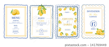 Mediterranean cards template design with lemons and whimsical frames. Mediterranean cards template design with lemons and whimsical frames. 141769449