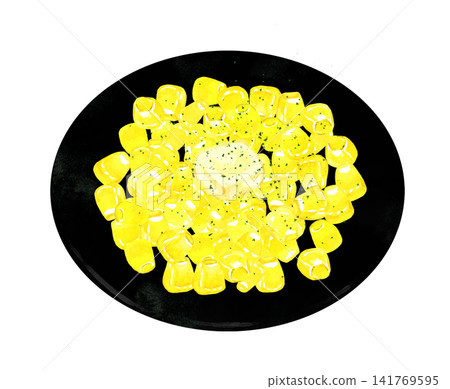Corn butter (sautéed corn in butter) served on a plate - Hand-drawn watercolor illustration material Corn butter (sautéed corn in butter) served on a plate - Hand-drawn watercolor illustration material 141769595