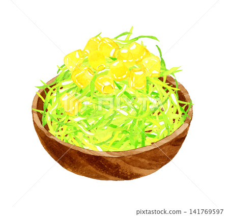 Shredded cabbage and corn served in a wooden bowl - Hand-drawn watercolor illustration. Shredded cabbage and corn served in a wooden bowl - Hand-drawn watercolor illustration. 141769597
